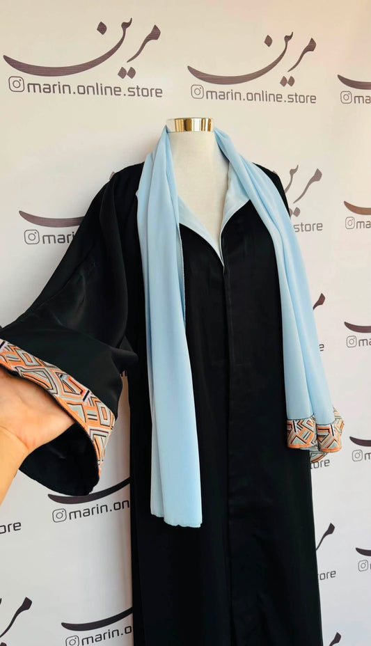 Black Abaya with Sky Blue Accents