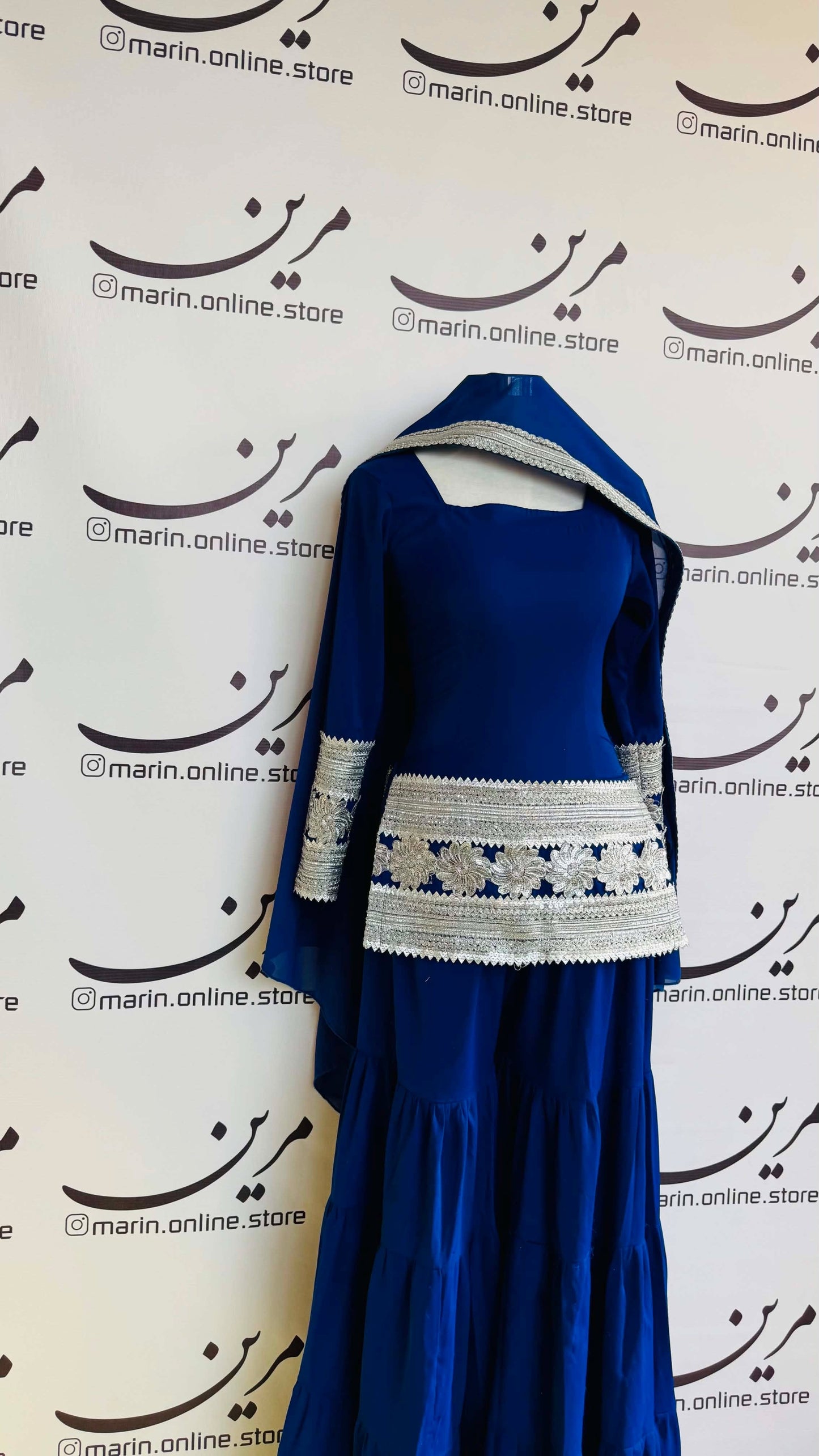 Blue Afghan Dress with Silver Embroidery