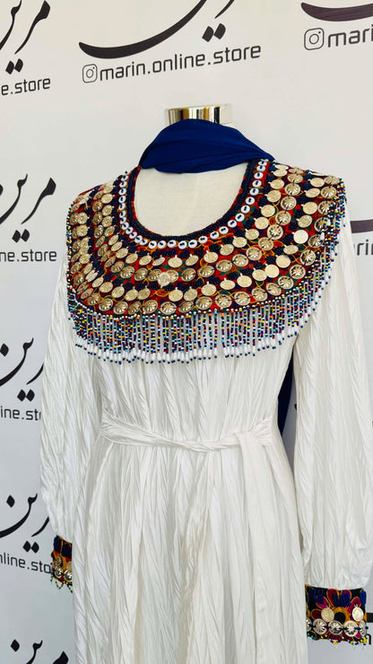 🤍 White Afghan Dress with Colorful Coin Embroidery