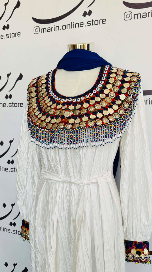 🤍 White Afghan Dress with Colorful Coin Embroidery