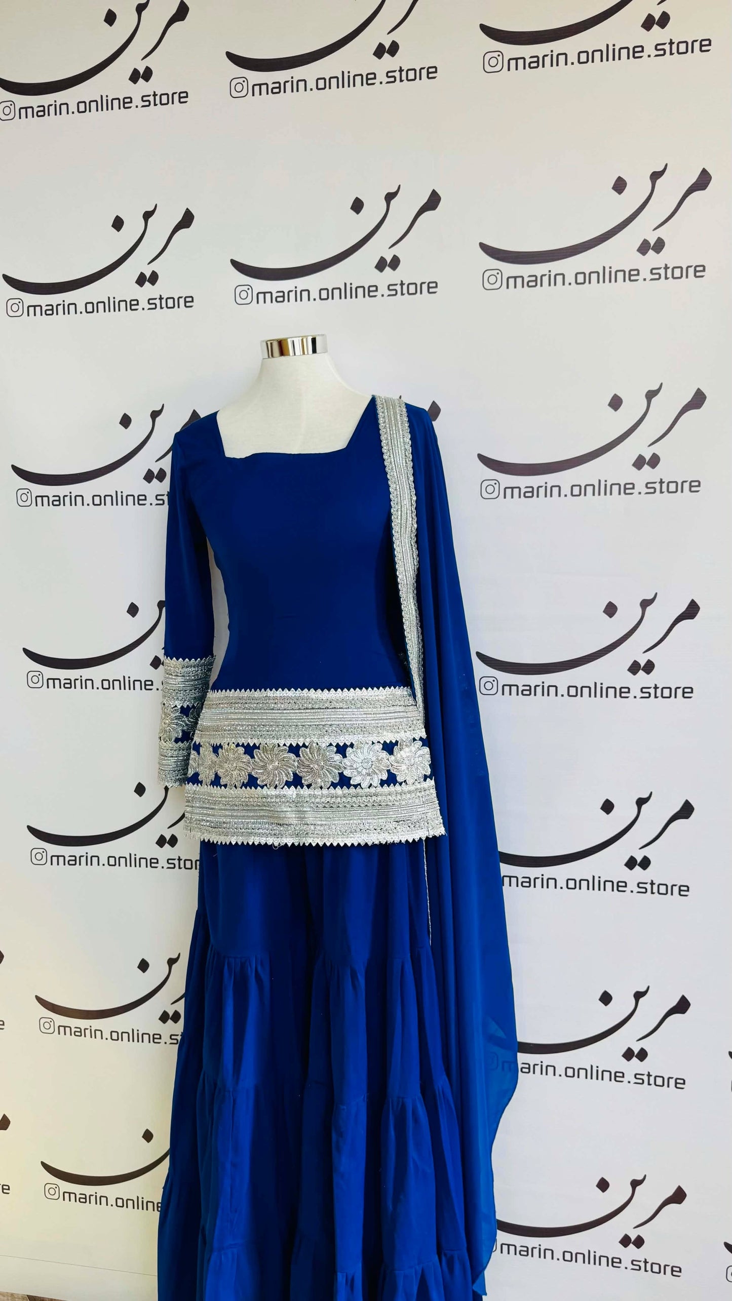 Blue Afghan Dress with Silver Embroidery