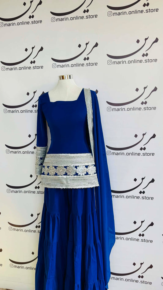 Blue Afghan Dress with Silver Embroidery