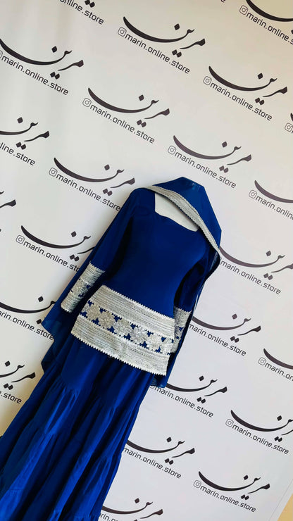 Blue Afghan Dress with Silver Embroidery