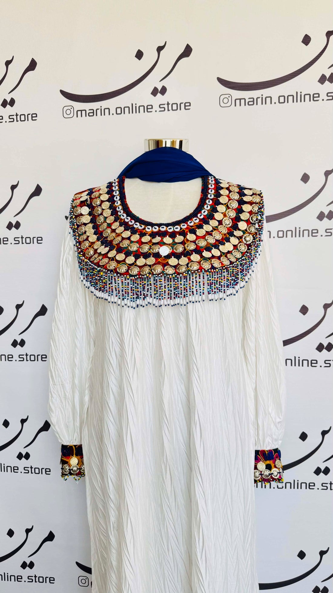 🤍 White Afghan Dress with Colorful Coin Embroidery