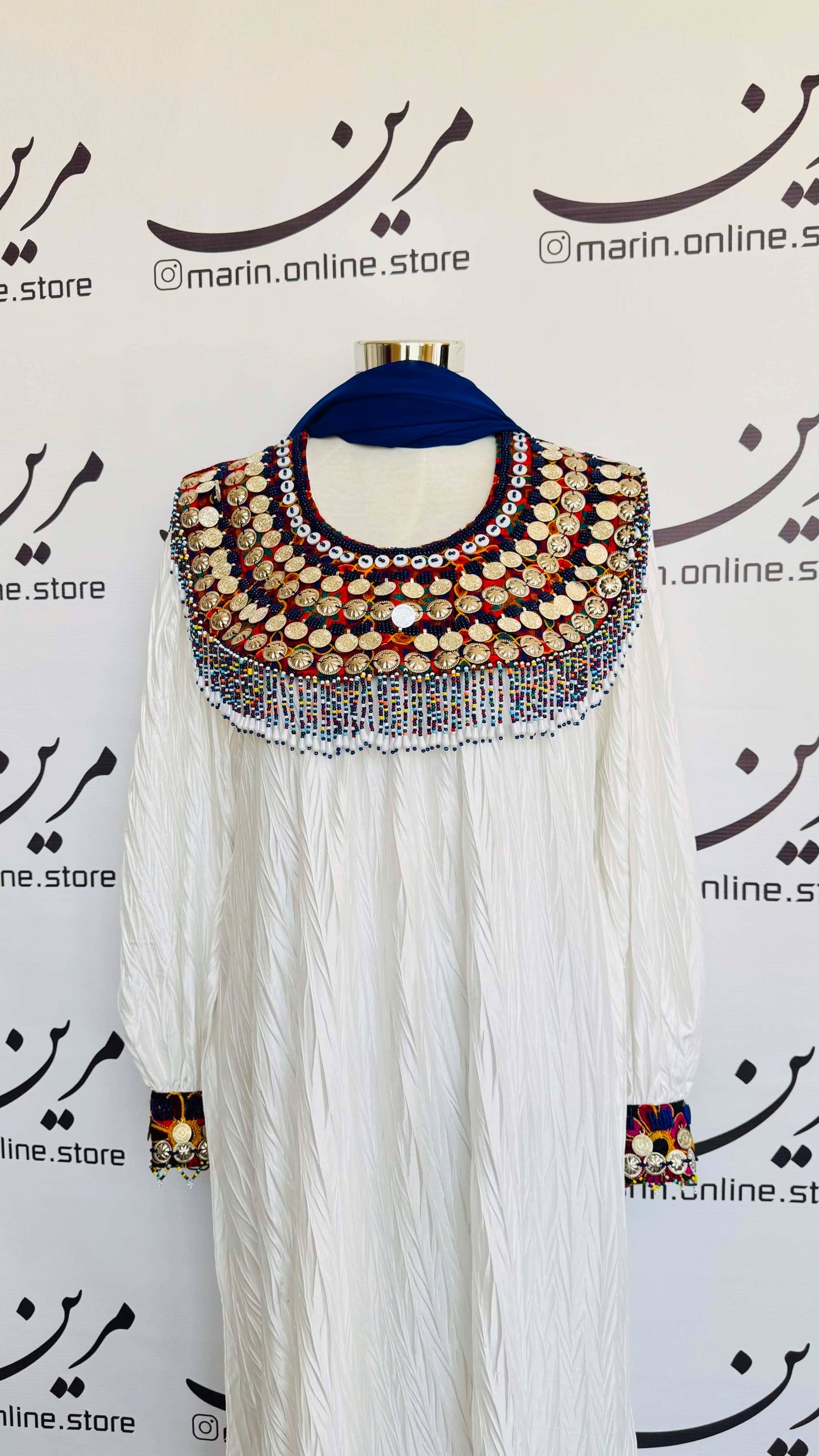 🤍 White Afghan Dress with Colorful Coin Embroidery