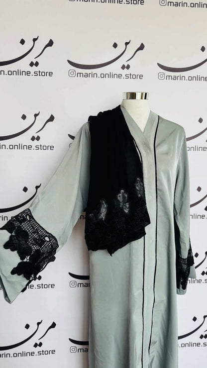 Sage Green Abaya with Black Lace