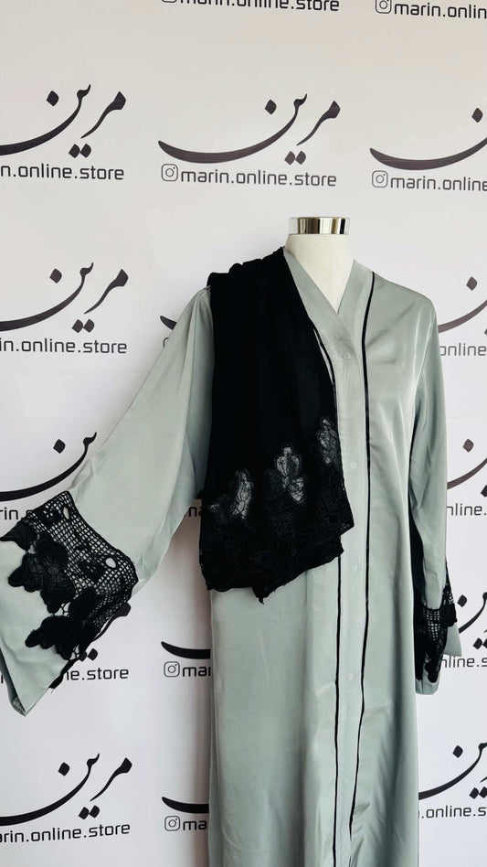 Sage Green Abaya with Black Lace